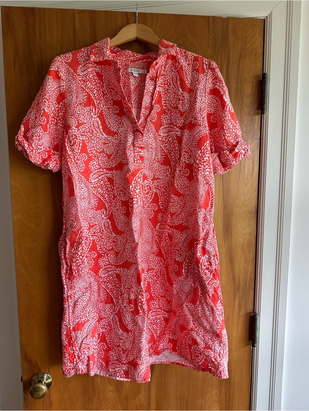 Chico's Bright Coral paisley linen shift dress.